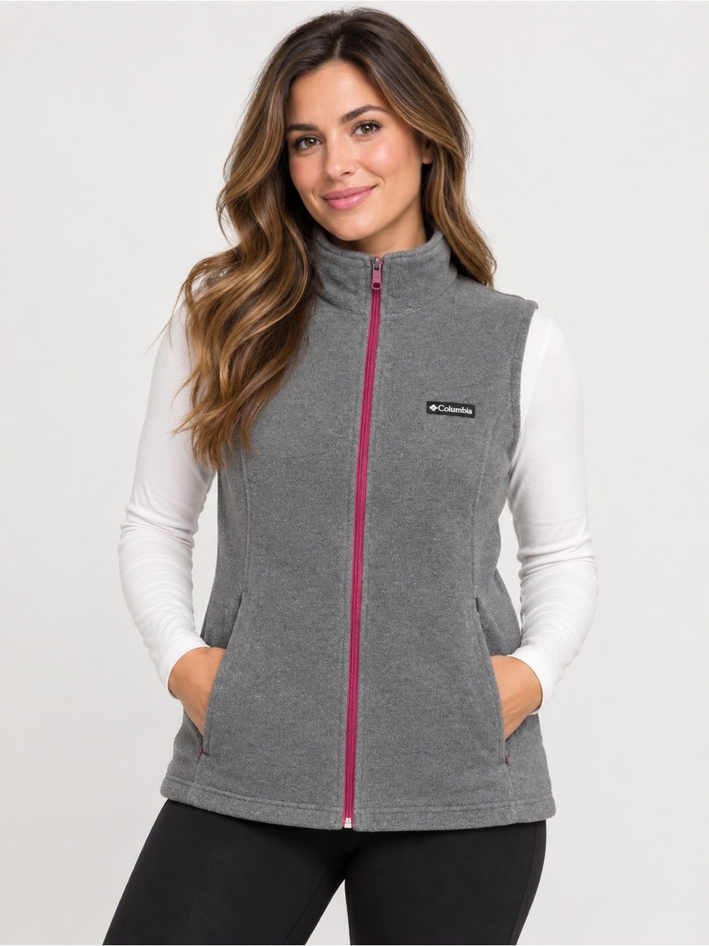 Columbia Women's Benton Springs Fleece Vest Gray Pink Full Zip Size L